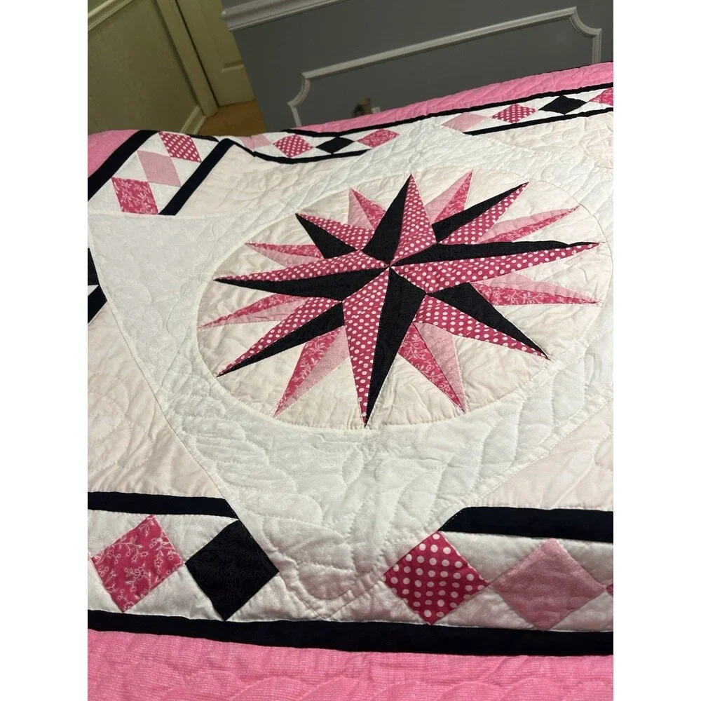 Hand Sewn Mariner’s Compass Black Pink White 45x45” Wall Hanging Lap Blanket